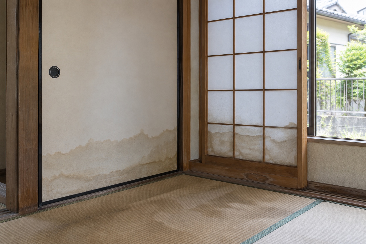 床上浸水後に下部へ水跡と変色が残った襖と障子