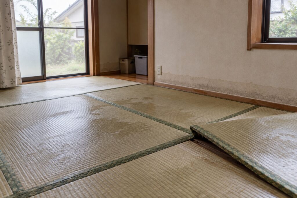床上浸水後に水を含み、一部を持ち上げて状態を確認している畳