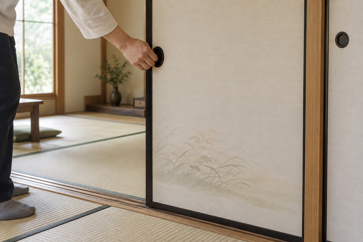 和室で襖の引手に手をかけ、開け閉めを確認している様子