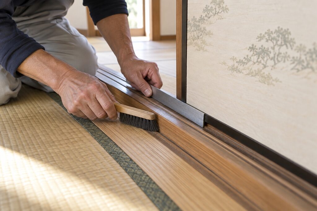 襖の下部と敷居の溝を道具で点検している様子
