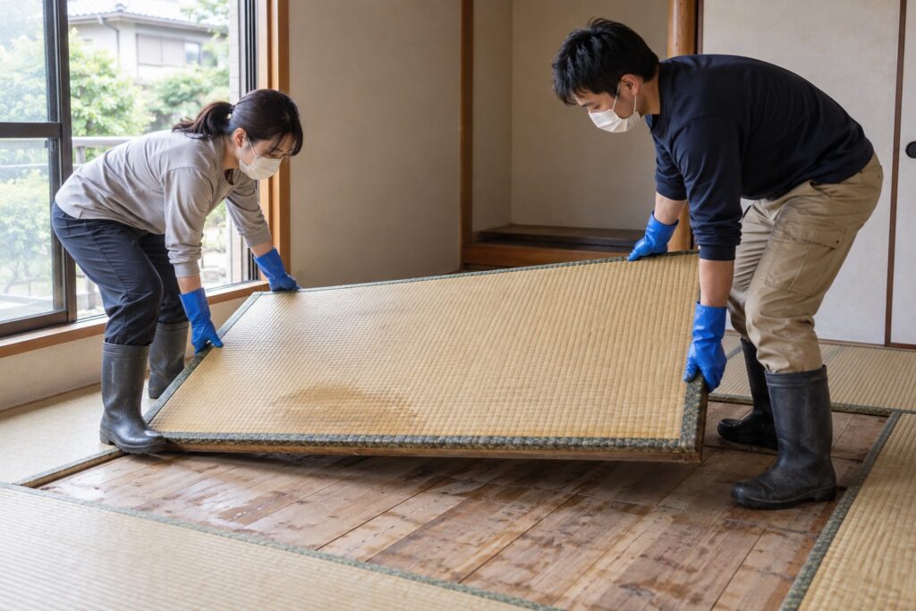 防水手袋と長靴を着けた二人が浸水した畳を安全に持ち上げる様子