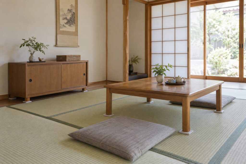 畳の上で家具の脚に保護材を敷いている明るい和室