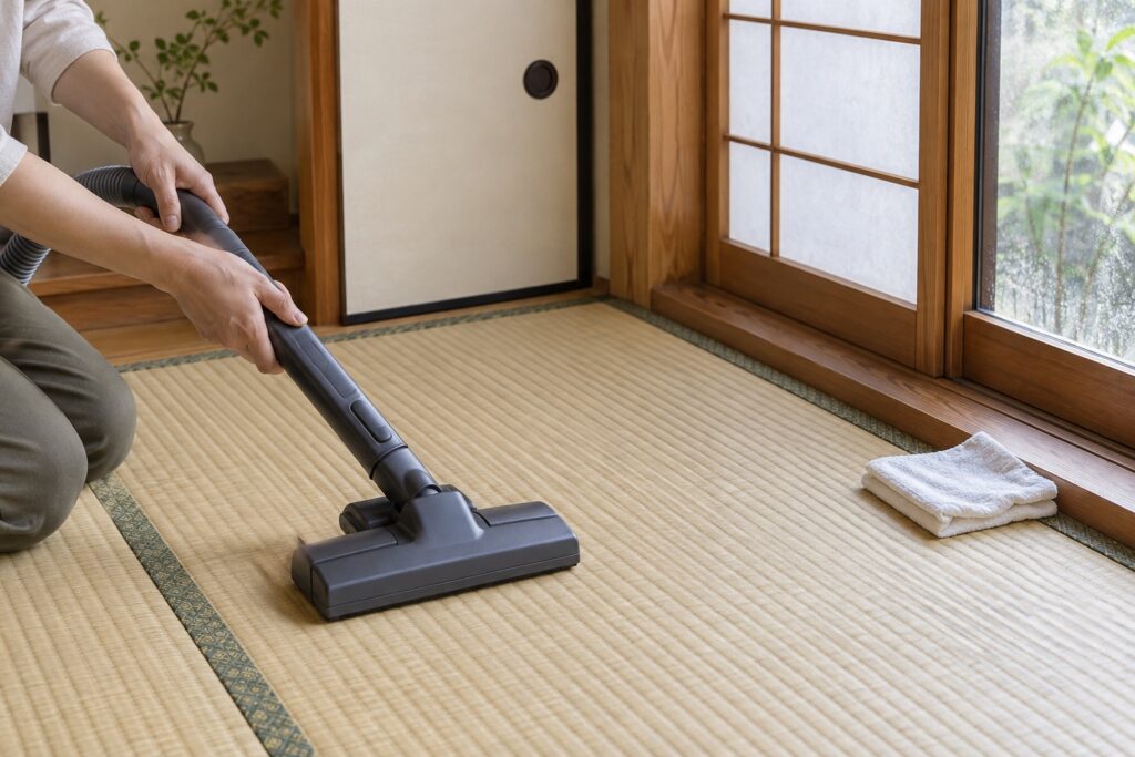 雨上がりの和室で畳の目に沿って掃除機をかけている様子
