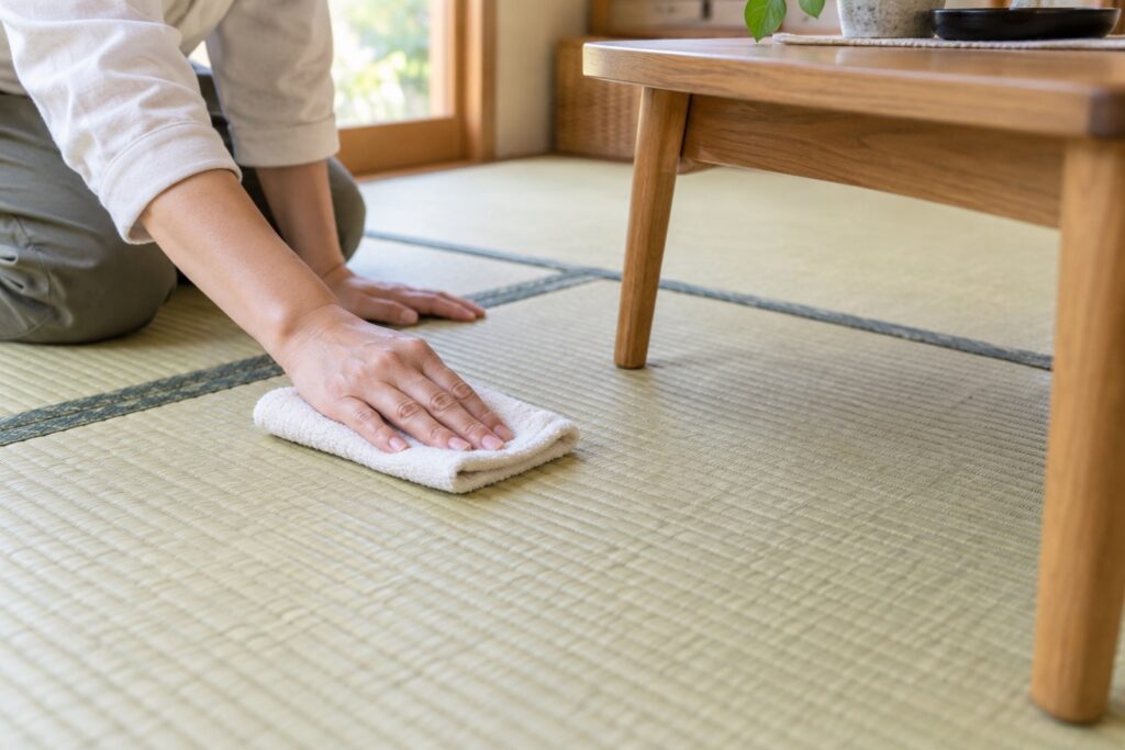 家具まわりの畳を乾いた布でやさしく手入れしている様子