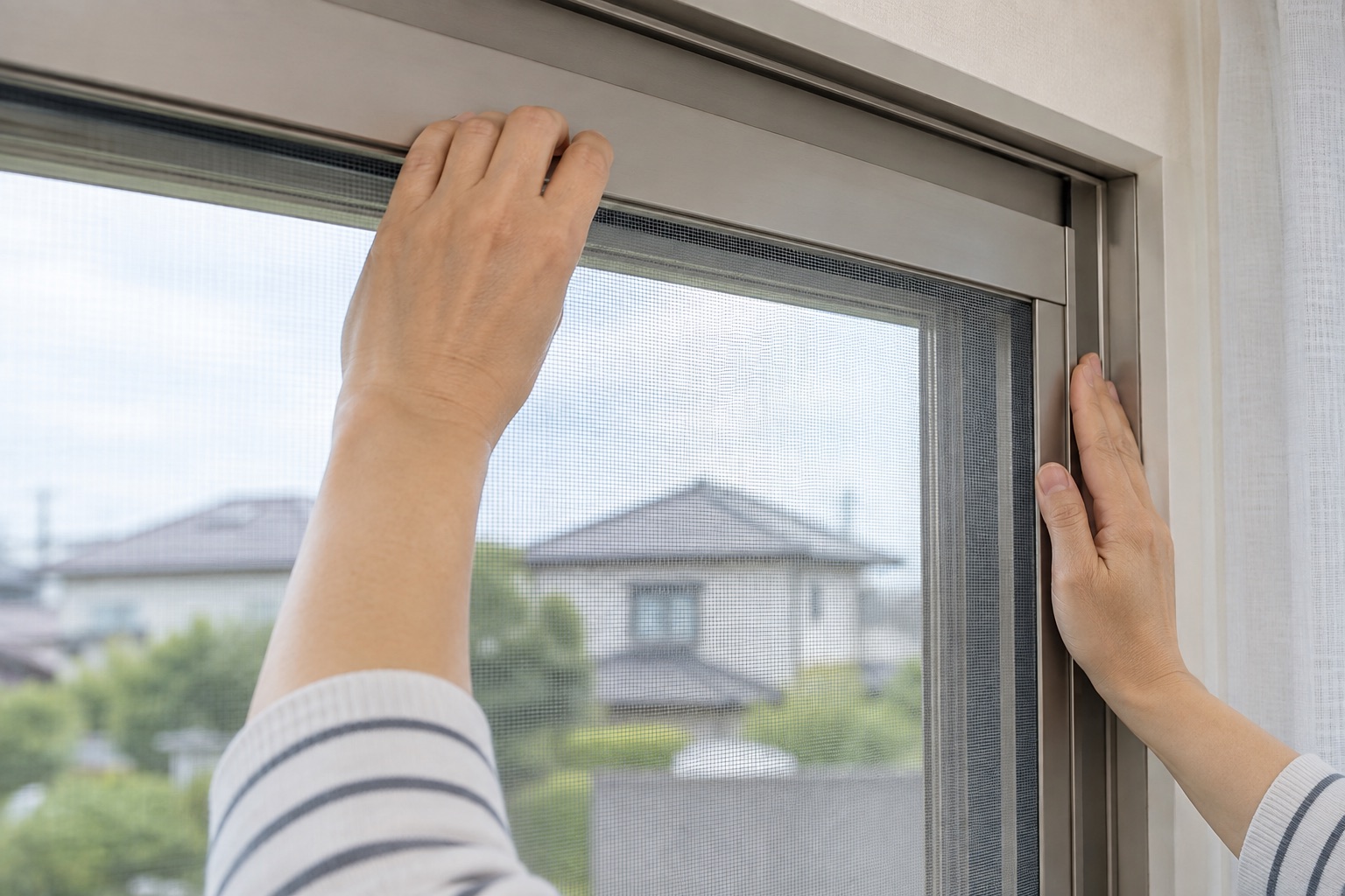 室内から網戸枠のガタつきを確認している手元のイメージ