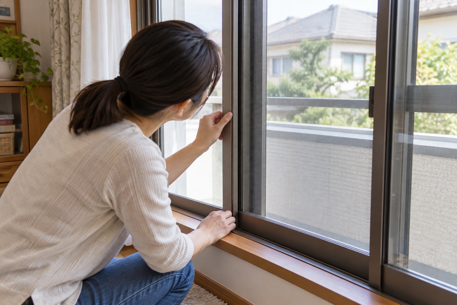 室内から引違い窓と網戸の重なりやすき間を確認する様子
