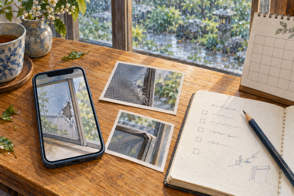 網戸の破れや枠の変形を写真とメモで整理するイラスト