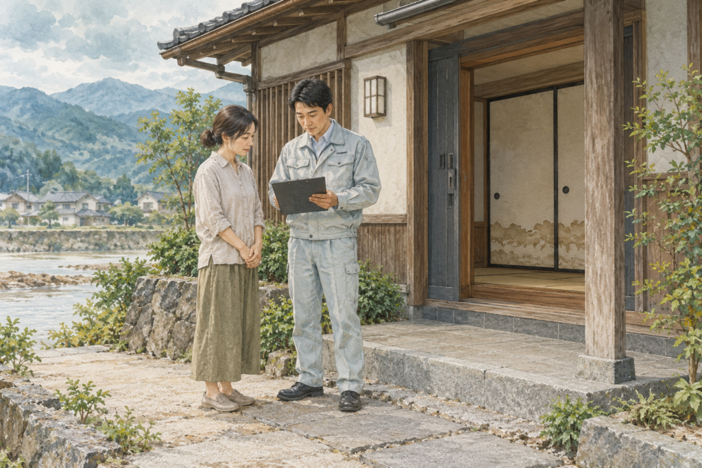 浸水した家の外で相談する住人と担当者のイラスト