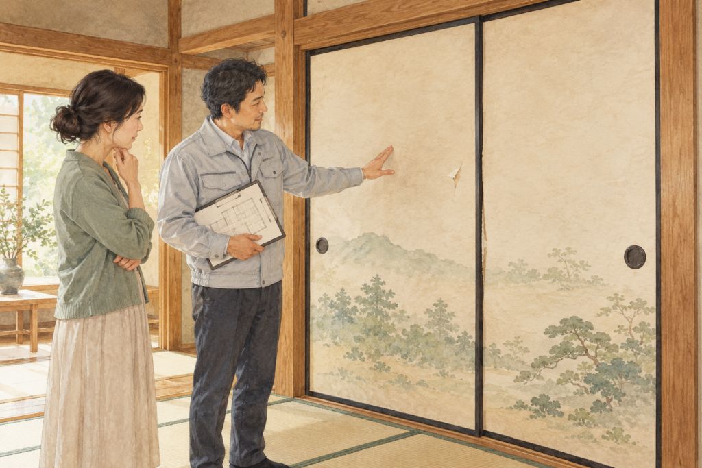襖の紙、木枠、周囲の柱を一緒に確認する相談場面のイラスト