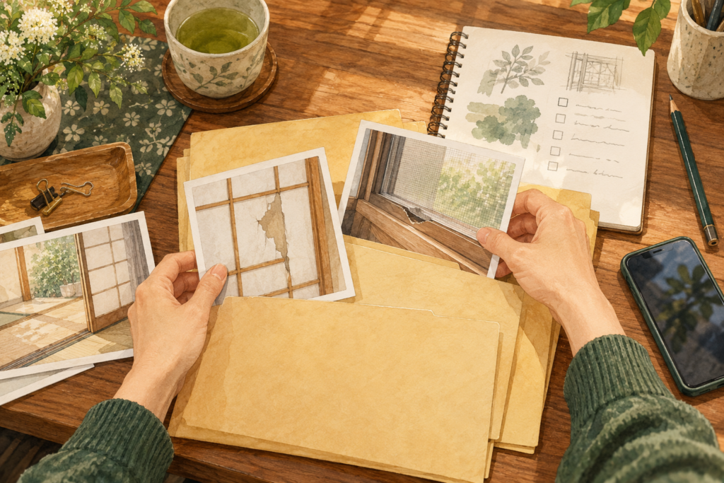 建具の写真と状況メモを机上で整理するイラスト