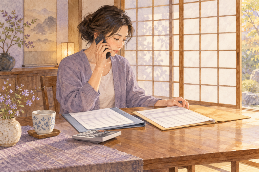 修理の見積もりと契約資料を電話で確認するイラスト