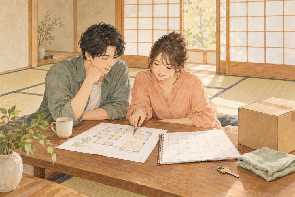 鍵の受け取りや清掃、引っ越しの日程を相談するイラスト