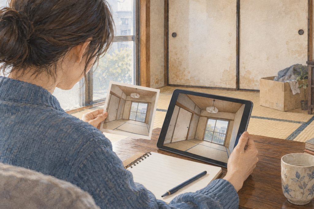 入居時の写真と現在の襖の状態を確認するイラスト