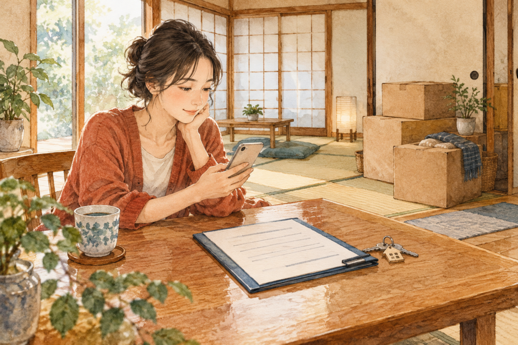 退去前に契約書を見ながら管理会社へ相談するイラスト