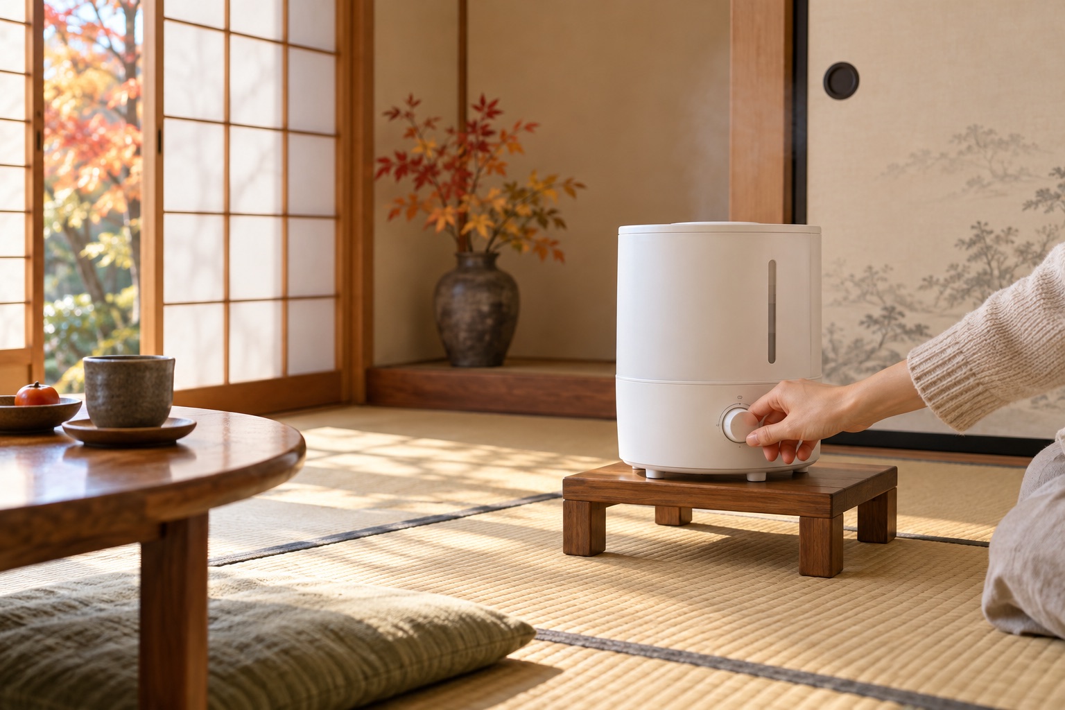 畳のある和室で安定した台に置いた加湿器を調整する手元
